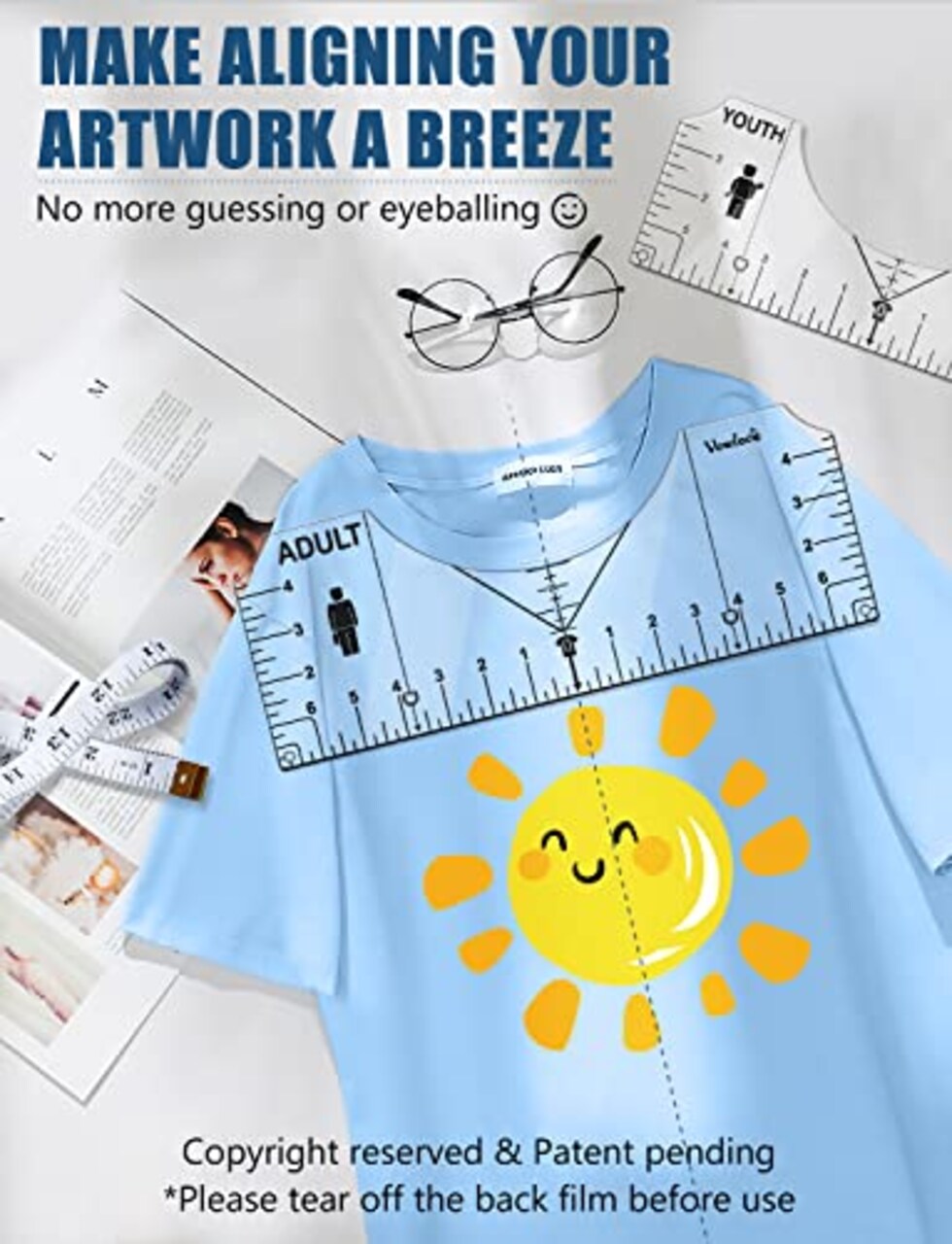 Ruler Guide for Vinyl Alignment, T Shirt Rulers to Center Designs Pocket Logo, Tee Measurement Template, Craft Sewing Supplies Accessories Tools for Cricut Heat Press HTV Heat Transfer Vinyl